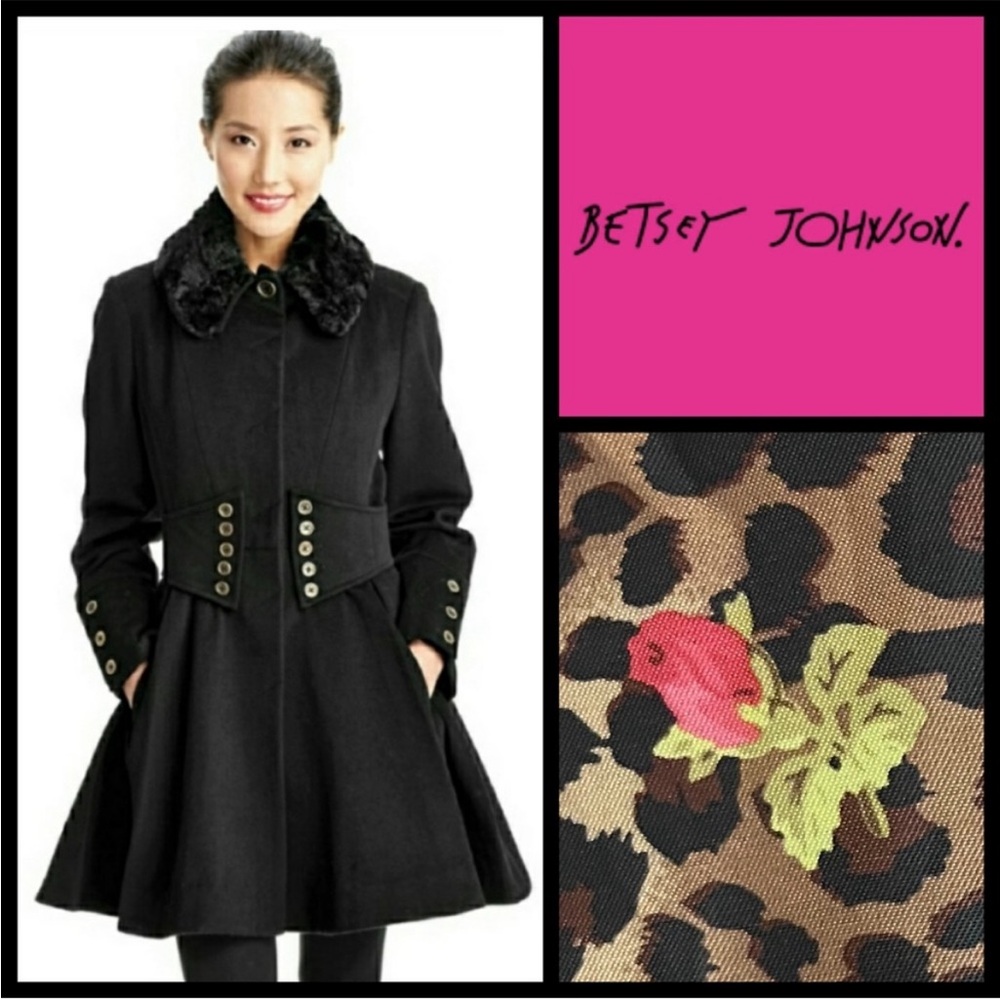 EUC Betsey Johnson Black Wool Coat w Faux Corset Sz. 14